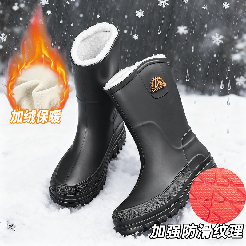 雨鞋男款时尚中筒胶鞋厨房加绒防滑耐G磨雨靴男防水鞋新型男士水