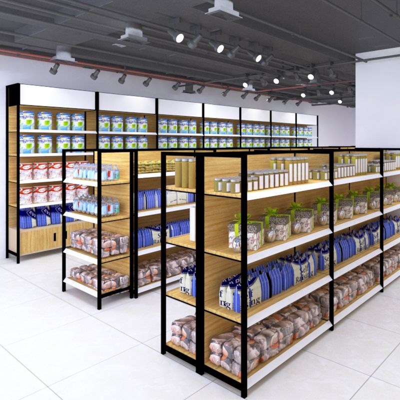 加宽超市货架便利店展示架钢板木纹色商品摆放架加厚立柱超强承重