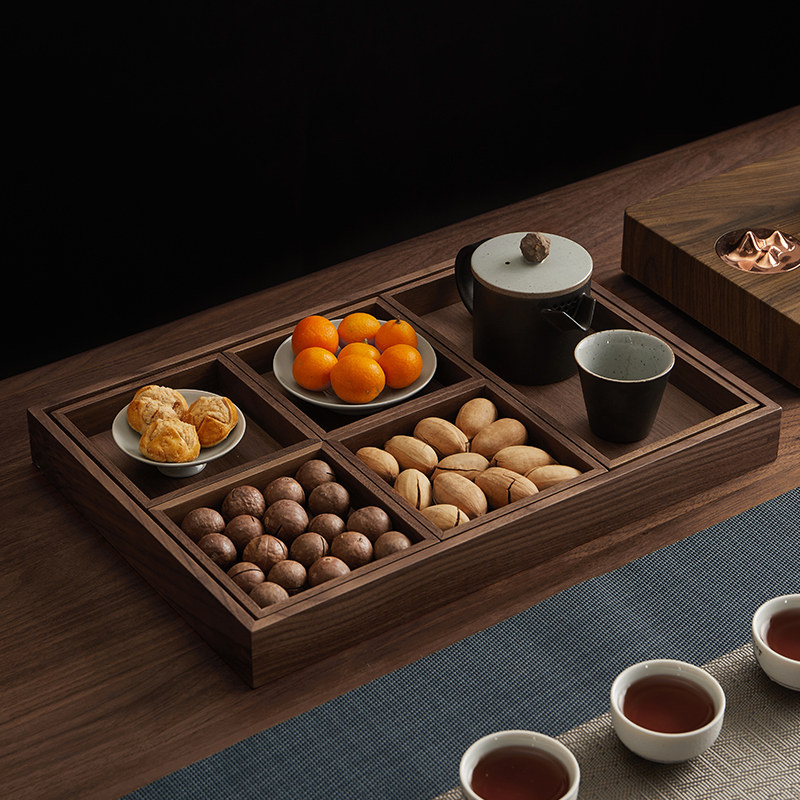 黑胡桃实木托盘日式长方形茶盘木质托盘家用茶水杯水具托盘六件套