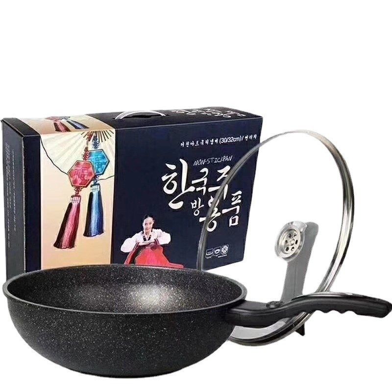 新款麦饭石无涂层炒锅不粘锅家用炒菜锅无烟锅礼品活动