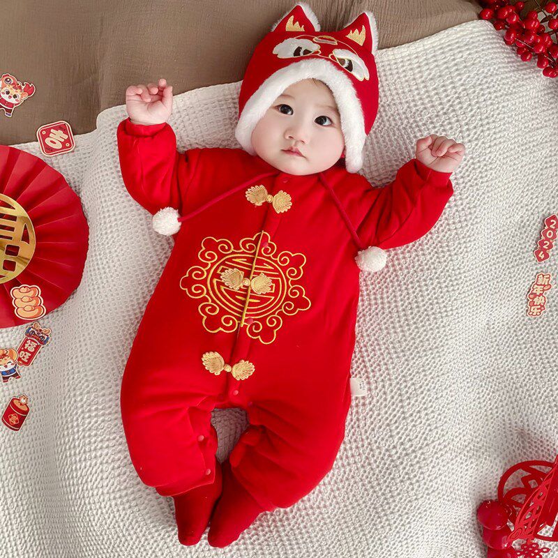 婴儿过年拜年服喜庆满月百天百岁大F红色宝宝秋冬季连体衣新年服