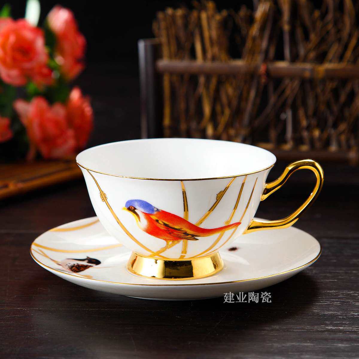陶瓷 欧式宫廷款陶瓷杯骨瓷咖啡杯小鸟咖啡杯220毫升情侣杯