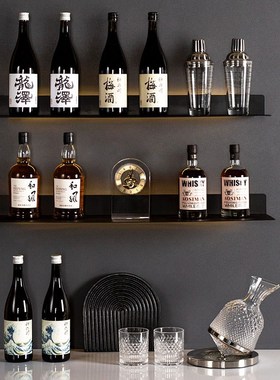 样板间厨房酒柜道具摆件仿真清酒威士忌醒酒器水晶酒杯售楼处软装