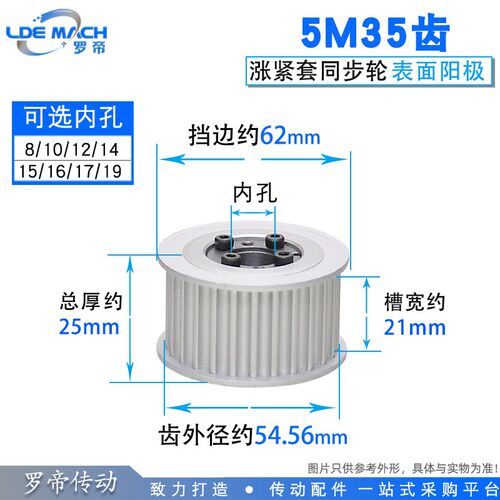 涨紧套同步轮5M35齿5M35T同步皮带轮 槽宽21 内孔8-19 铝合金带轮