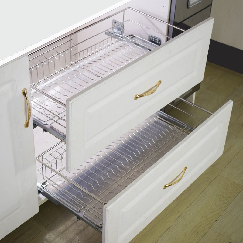 新款新厨房橱柜35 37浅深不锈钢304阻尼拉篮碗架抽屉式碗篮调味篮