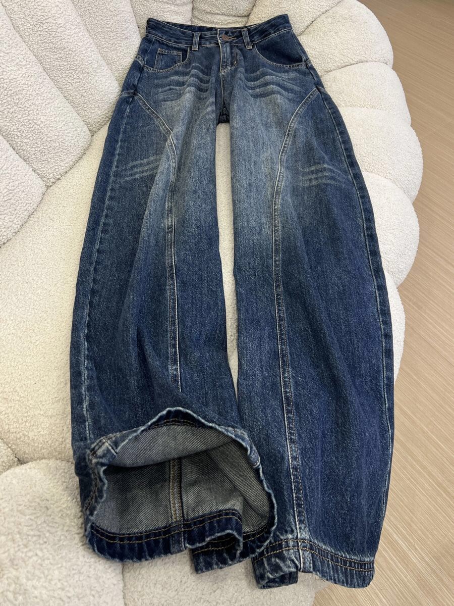 美式弯刀阔腿牛仔裤女ins潮宽松高腰显瘦直筒裤垂感拖地长裤