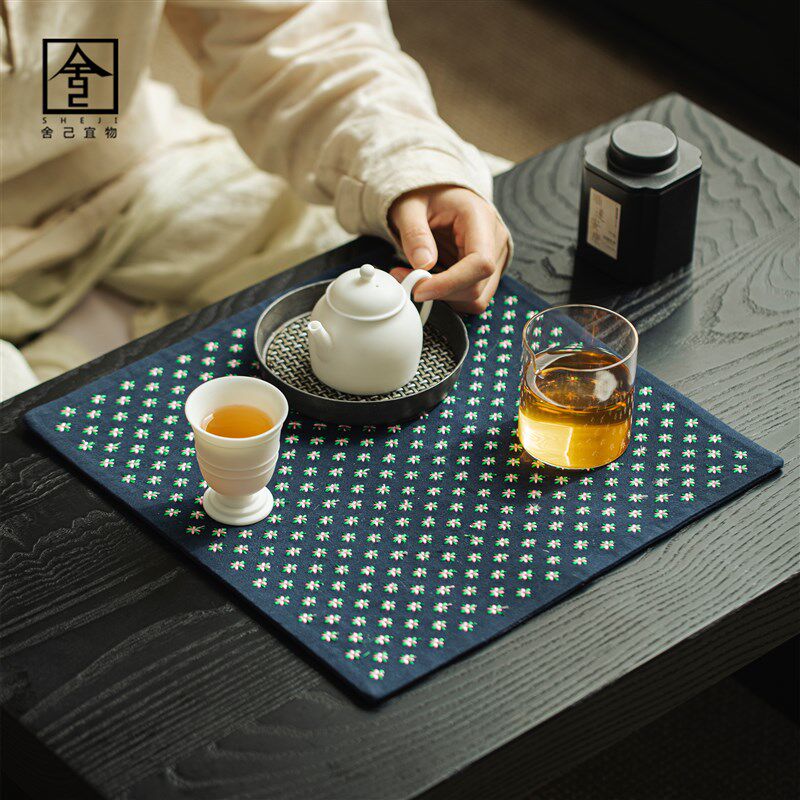 香云纱手工缝制碎花四方茶席藏蓝色麻布茶巾干泡茶席抹布杯垫子