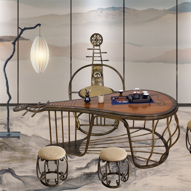 新中式茶桌椅组合禅意茶台u实木铁艺功夫琴茶几客厅阳台艺术茶道