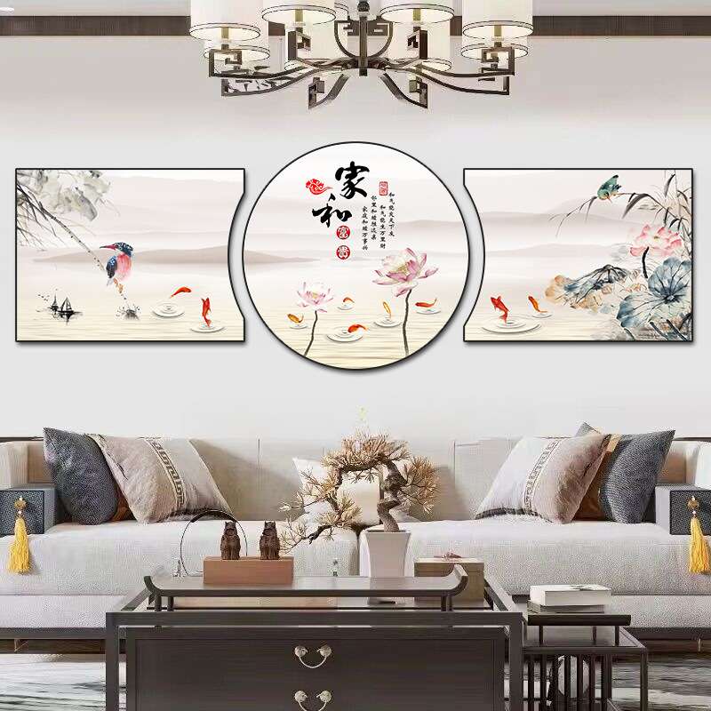 客厅装饰画沙发背景墙北欧山水三联挂画包边圆形壁画立体图片