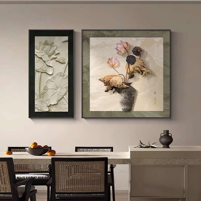 侘寂风餐厅装饰画禅意荷花客厅背景墙挂画复古肌理感两联卧室壁画图片