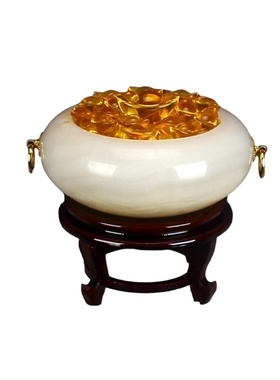 天然阿富汗玉石聚宝盆客厅玄关博古架摆件办公室桌面艺术品摆设