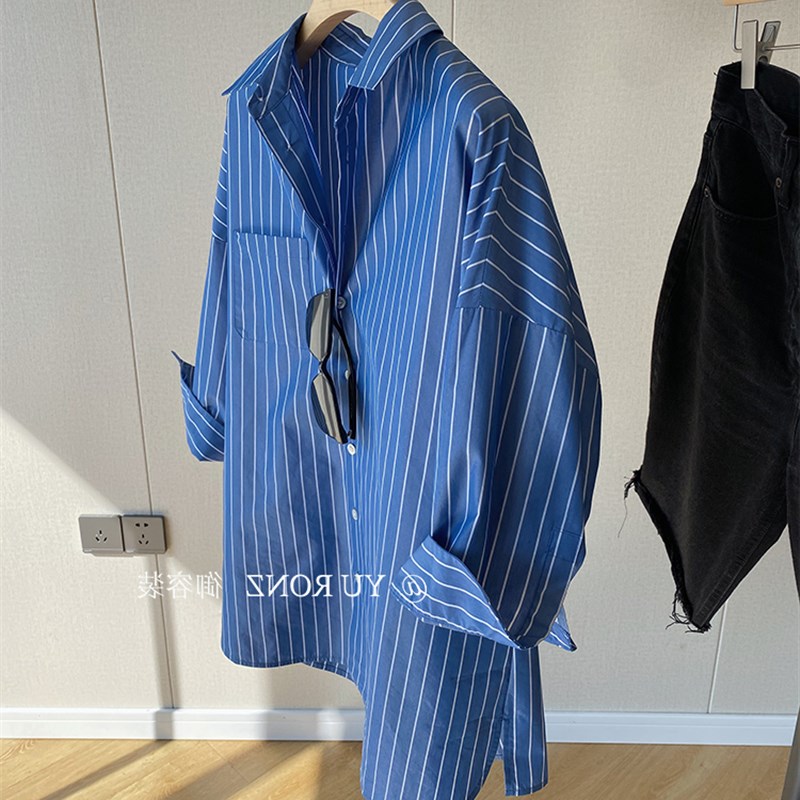 蓝白色织条纹 经典配色~通勤腔调府绸棉微廓型七分袖衬衫女.夏410