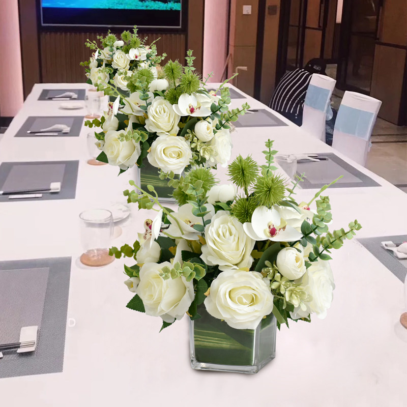 商务会议饭店餐桌k酒店桌面茶几仿真花假花绢花玻璃花瓶桌花摆件