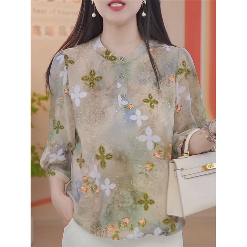 时尚薄款七分袖碎花衬衫女H夏季新款妈妈M装洋派减龄宽松显瘦小衫