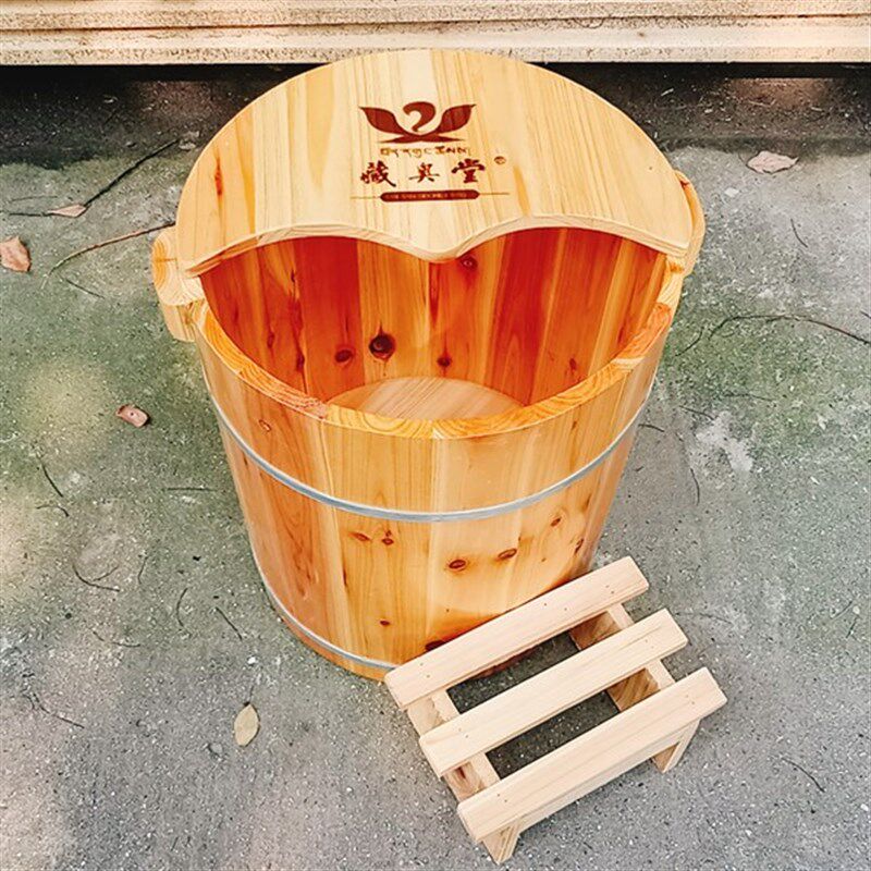 40cm高实木藏奥泡脚洗脚木桶带盖子带熏蒸K凳足浴桶熏蒸足三里过