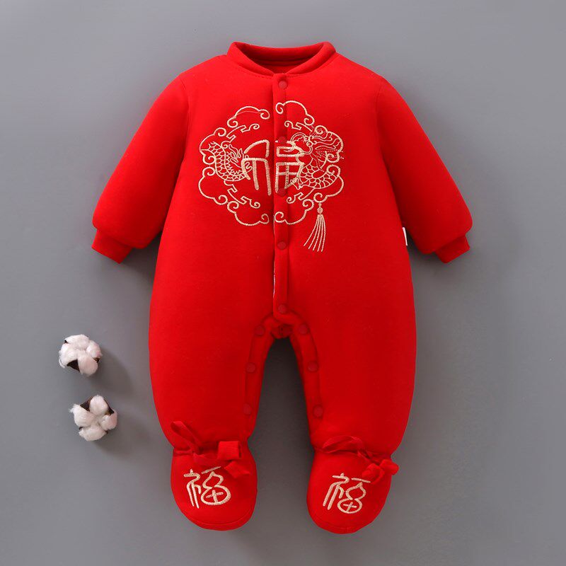 新生儿红色手工棉花加厚新生儿包B脚连体棉衣冬季婴儿宝宝棉服大