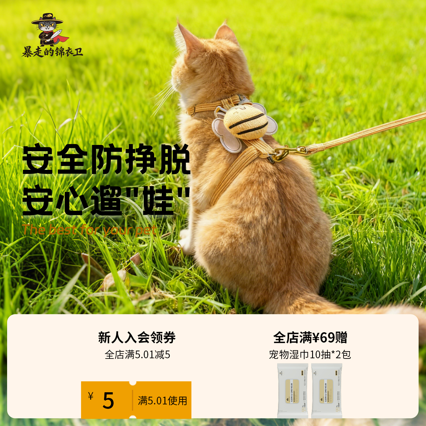 猫咪牵引绳防挣脱外出专用小奶猫背心式遛猫链子工字型背带猫绳子