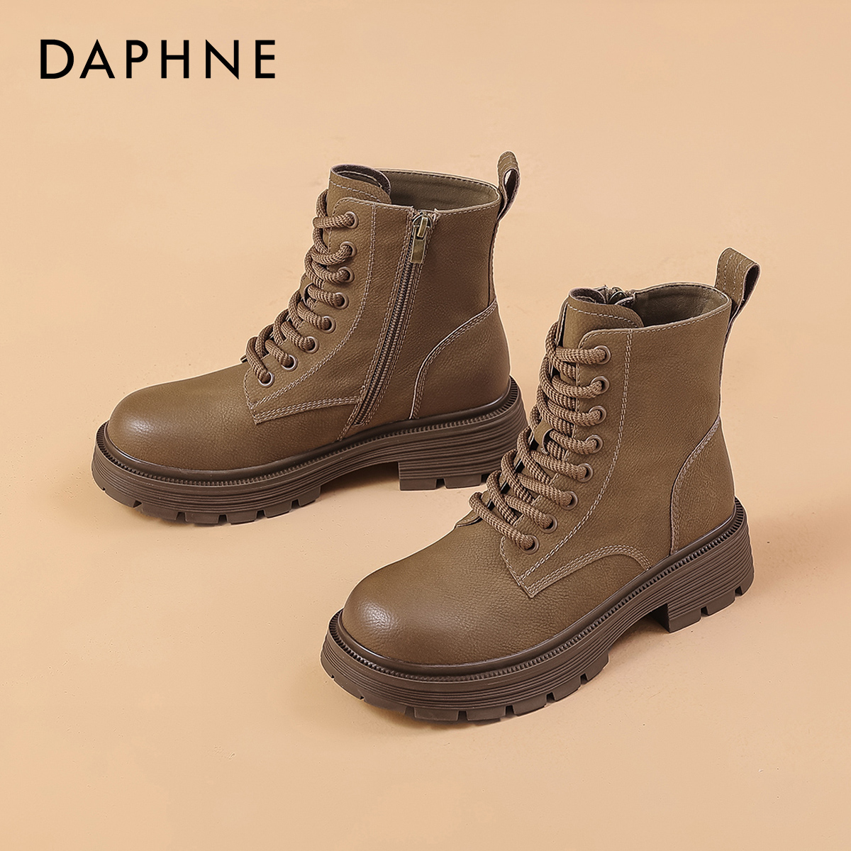 达芙妮英伦马丁靴女2025新款秋冬季侧拉链复古厚底增高时尚短靴子