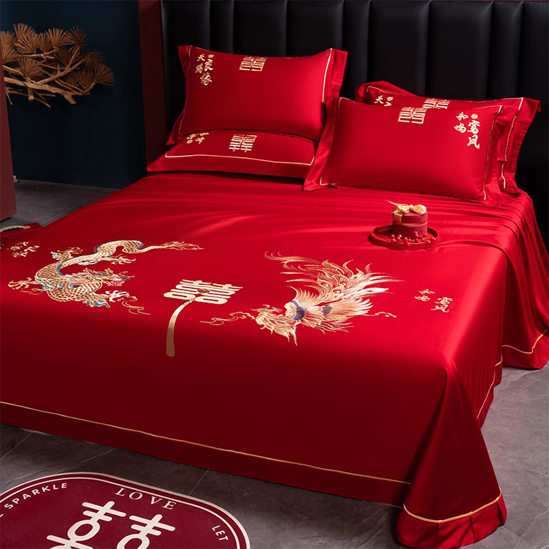 婚庆结婚大红色女方床单单件酒店被单枕套三件套刺绣接亲出嫁