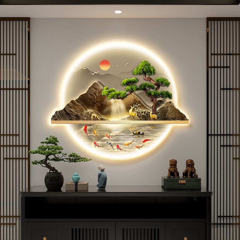 新中式玄关装饰画带灯流水生财山水入户正K对门挂画客厅迎客松壁