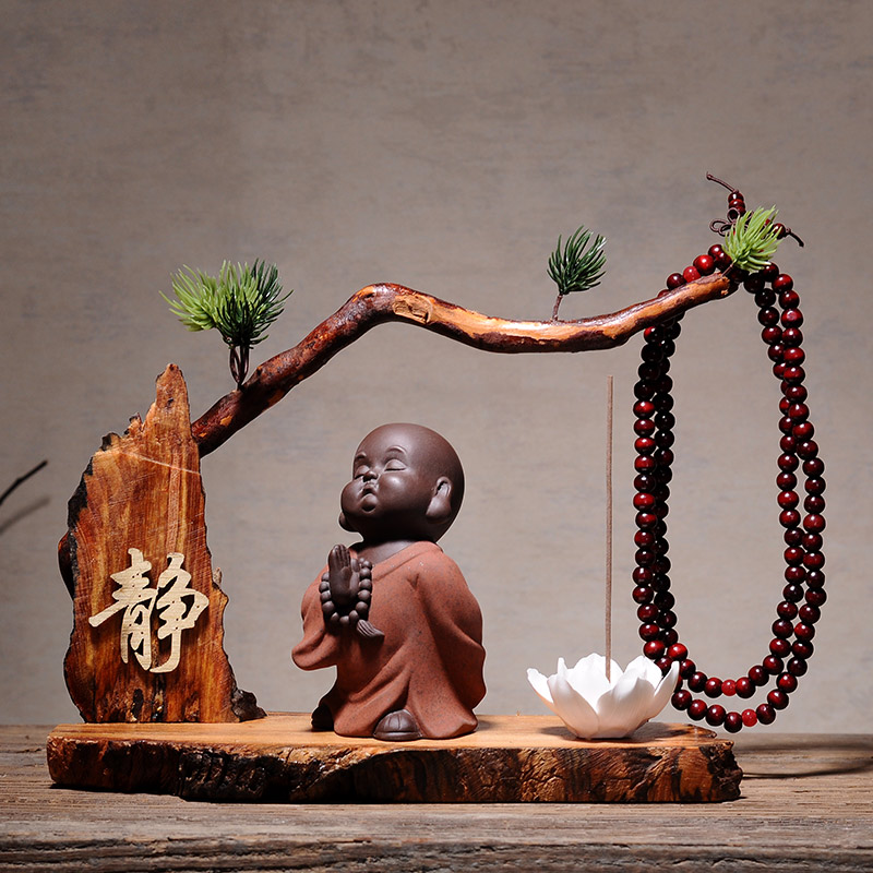 创意中式玄e关博古架紫砂摆件禅意小和尚 家居装饰陶瓷达摩工艺品