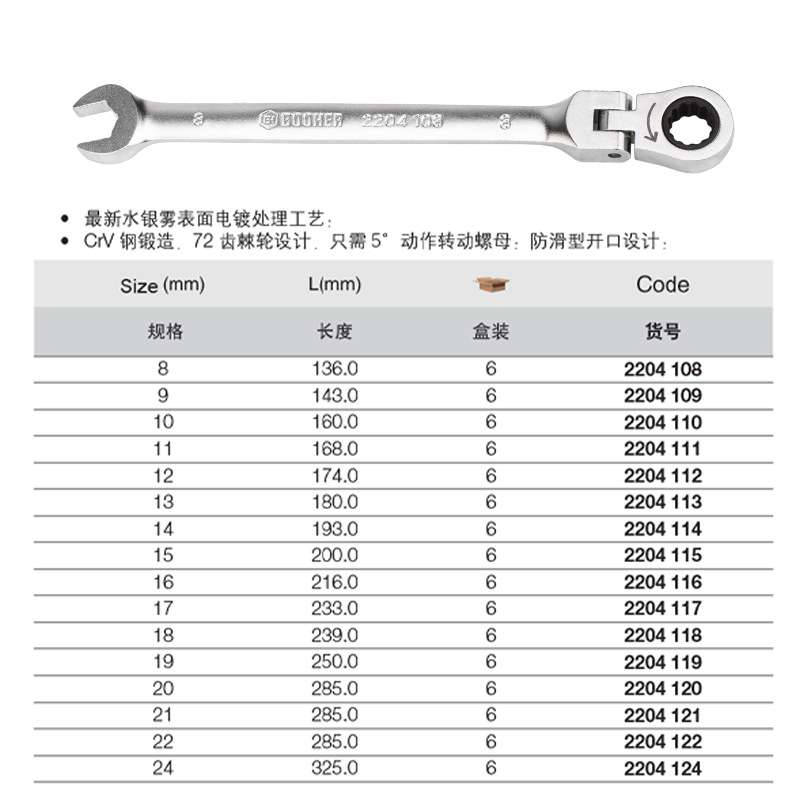 Booher宝合工具 防滑型180°活头棘轮两用扳手开口梅花扳子8-24MM