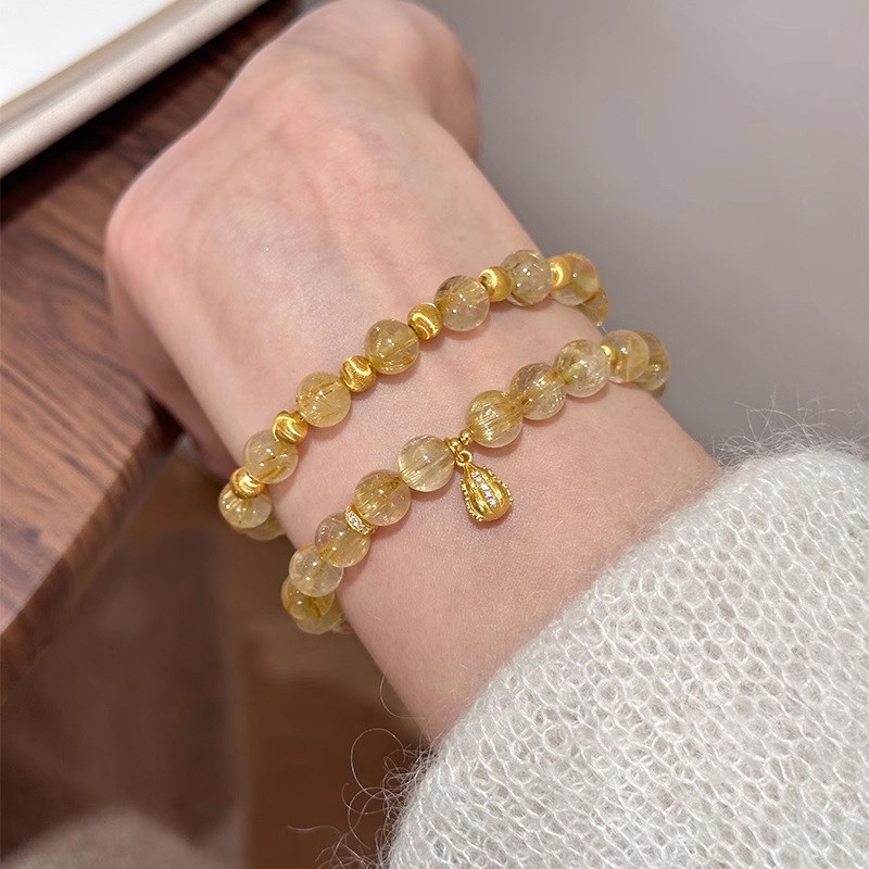 天然黄水晶手串女金发晶手链轻奢高级G感百搭小众串珠闺蜜手饰