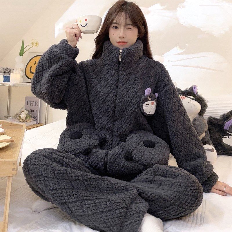 日系卡通路西法j猫咪睡衣秋冬女保暖加绒加厚法兰绒家居服套装