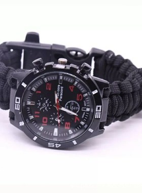 户外伞绳编织打火石指南针手表军迷男多功能七芯R伞绳编织手表