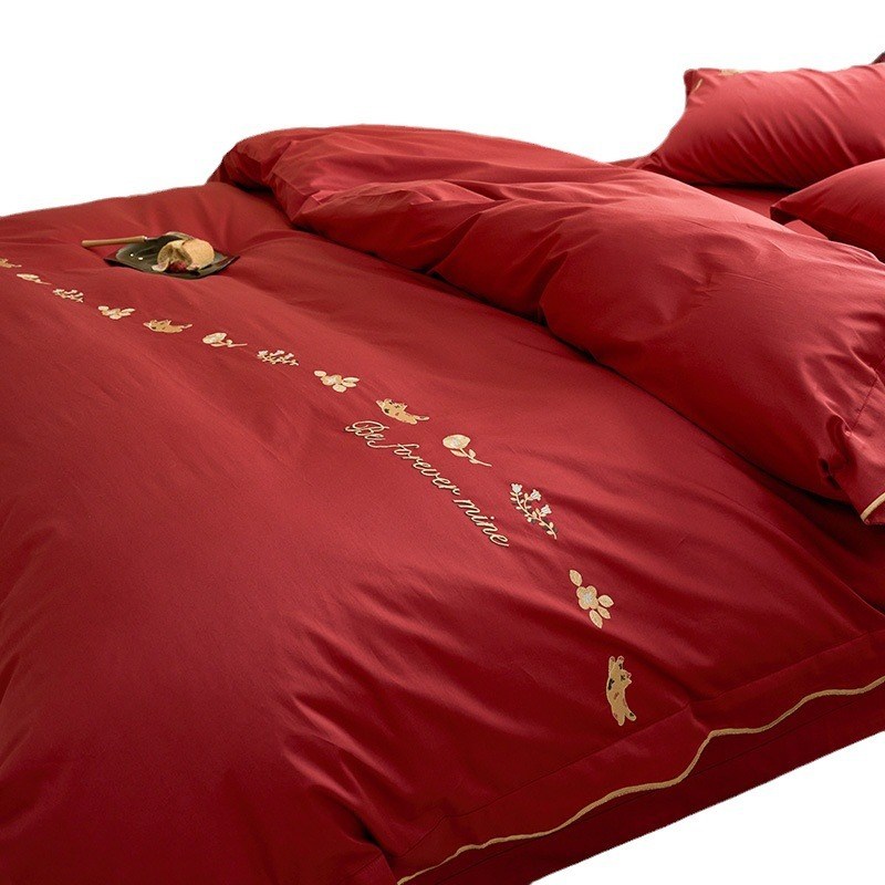 浪漫婚庆高支100S长绒棉全棉四件套新I婚高端红色被套床上用品结