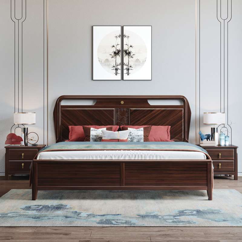 乌金木双人床1.8m禅意新中式实木床现代简约主卧框架大床厂家
