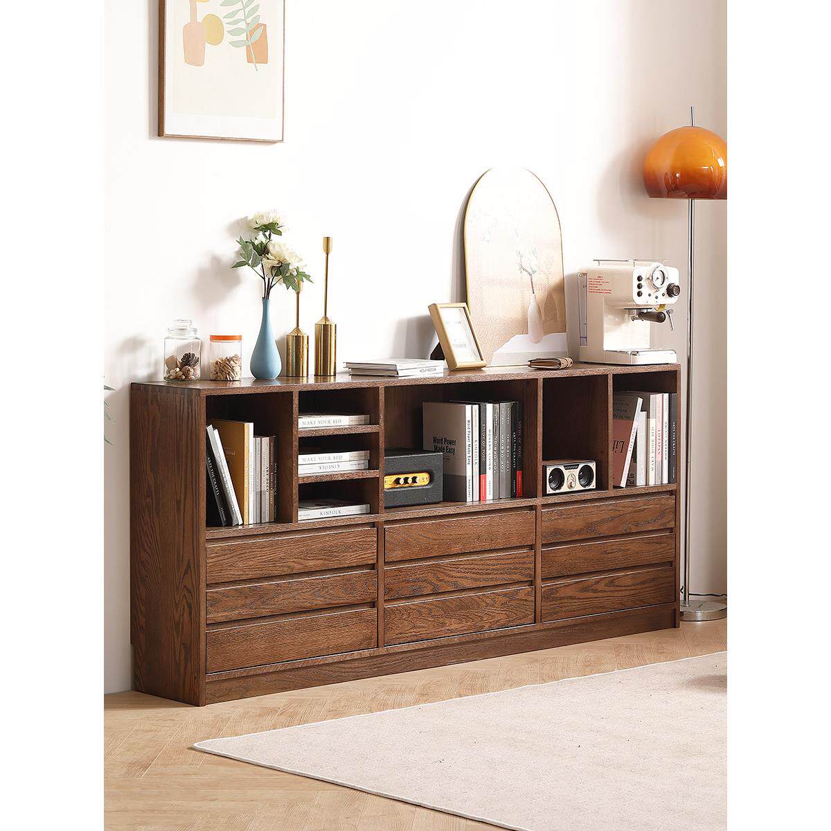 黑胡桃实木红橡木组合书柜低书架客厅电视墙抽屉储物柜展览柜