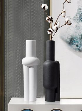 rzone 现代简约黑白陶瓷花瓶磨砂花器样板房客厅电视柜装饰品摆件