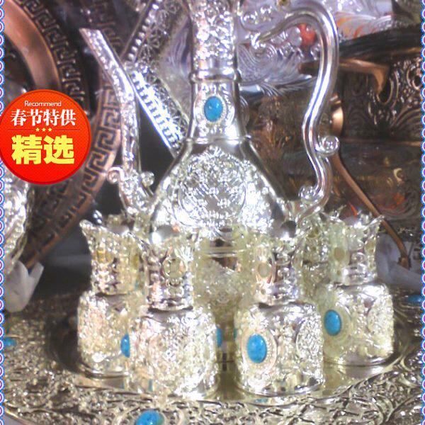 蒙古仿古酒具套件 酒壶酒杯酒盘 草原民族工艺品 高21cm 盛酒1斤