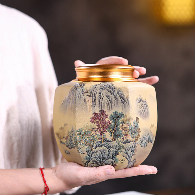 宜兴紫砂茶叶罐大号一斤装普洱醒茶罐锡盖密封罐陶瓷小号存储罐子