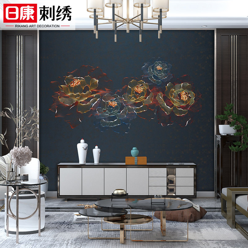 独绣刺绣墙布中式国色天香婚房卧室床头客厅餐厅沙发电视背景壁布