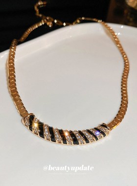 欧美金属重工设计项链复古经典条纹锁骨链颈链新潮U镶钻奢华项饰