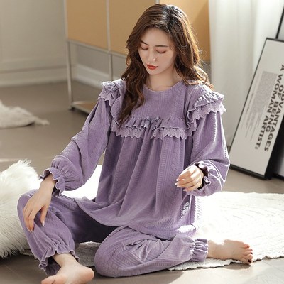 秋冬季睡衣女士珊瑚绒圆领套头女生加绒I加厚法兰绒保暖家居服套
