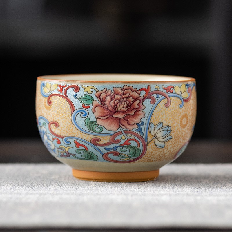 满彩黄汝窑高档主人杯金丝银线复古敬茶H杯茶碗轻奢商务礼品伴手