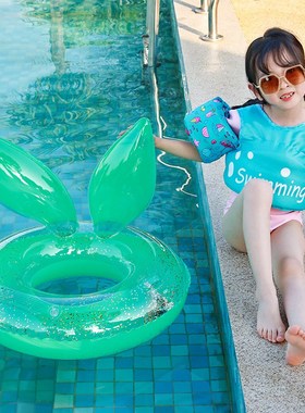 芭夏 2025年j新款充气亮片粉色兔耳朵泳圈儿童水上游泳圈跨境现货