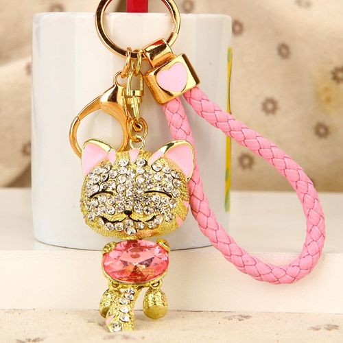 中国风招财猫汽i车钥匙扣女男编织绳创意书包挂件金属钥匙链圈礼