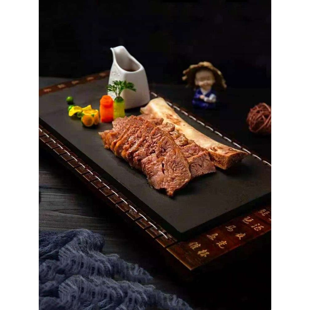 中式长方乌金石板平盘特色酒店用装牛肋骨意境菜创意厨师比赛餐具
