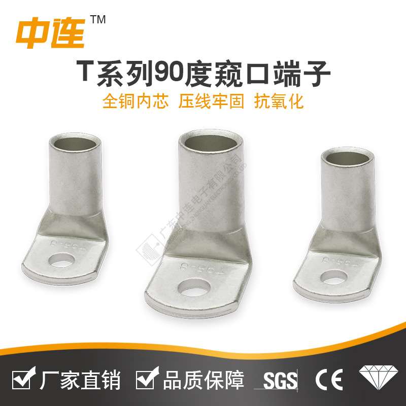 中连 镀锡紫铜 T90度窥口端子6/10/16/25/35/50/70平方直角铜鼻子