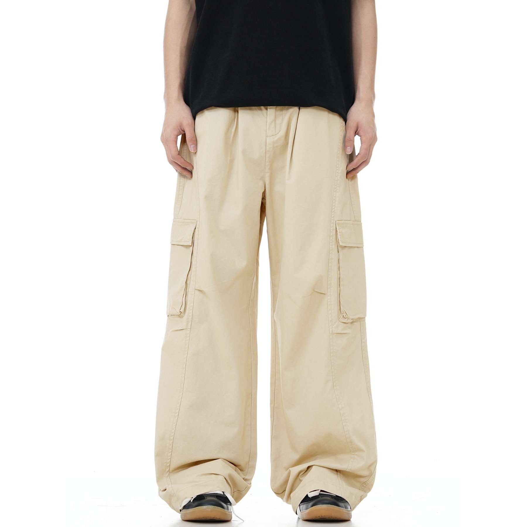 11KN美式工装裤男女多口袋褶皱简约复古做旧显瘦立体宽松直筒长裤