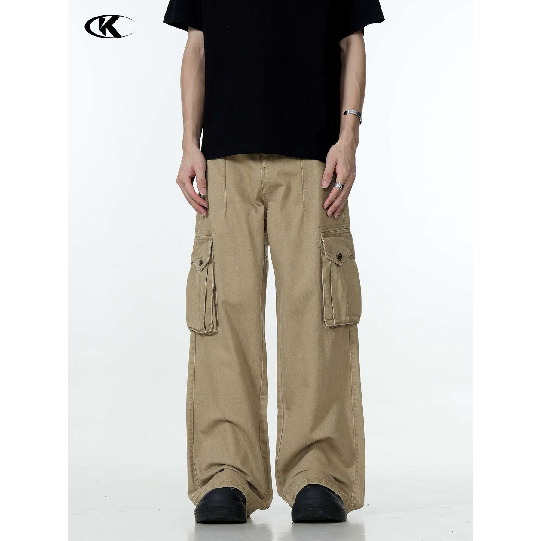 11KN美式复古多口袋工装裤男女做旧简约重工直筒宽松休闲显瘦长裤