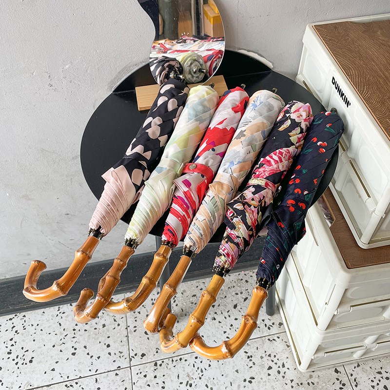 绝美~雨天专用复古印花樱桃雨伞二折竹柄女士高端Z气质折叠伞