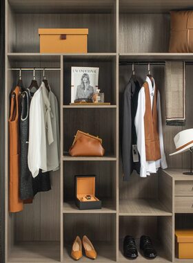 样板间衣柜摆件橙色衣帽间软装饰品衣服手表包包抱枕展厅搭配组合