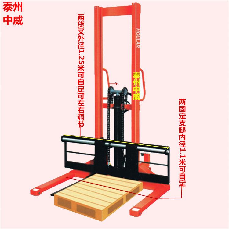 支腿1.6米宽手动升降叉车宽腿式油压堆高机货物装卸车液压铲车