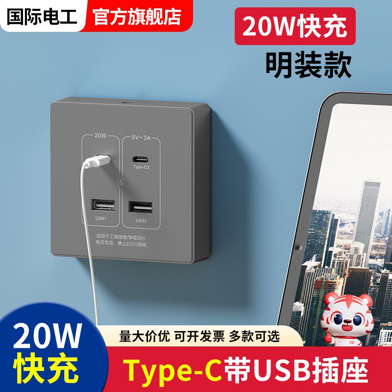 86型工地学校宿舍专用低压36V伏USB+type-c快充插座面板20W瓦充电