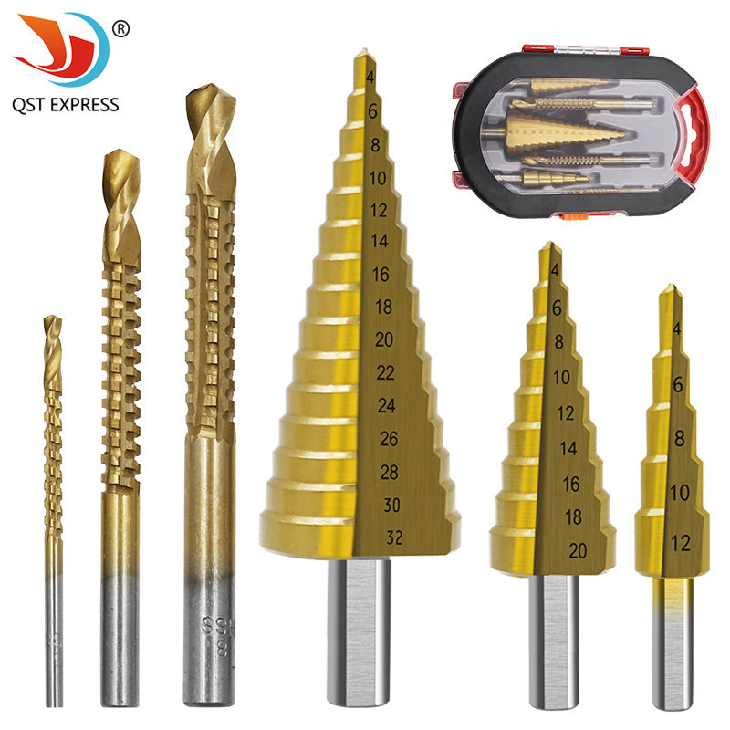 6pcs宝塔钻木工拉槽锯钻组套三角柄钻头高速钢4241镀钛阶梯钻套装